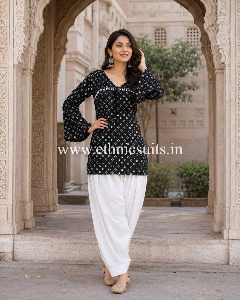 Black Bandhni Printed Short Kurta with Blouse and Bottom