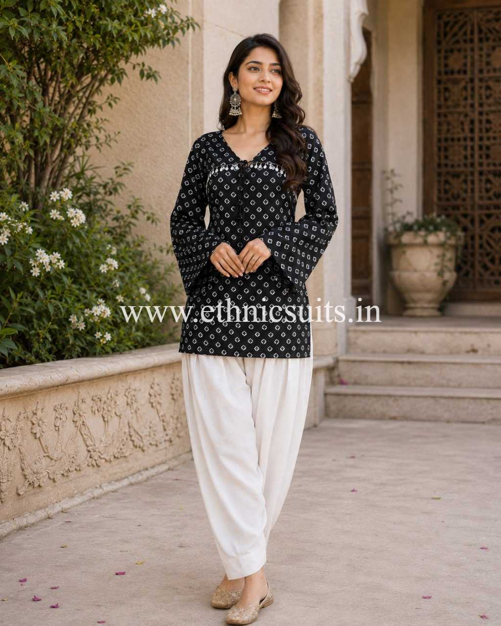 Black Bandhni Printed Short Kurta with Blouse and Bottom