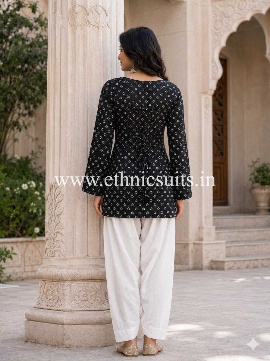 Black Bandhni Printed Short Kurta with Blouse and Bottom
