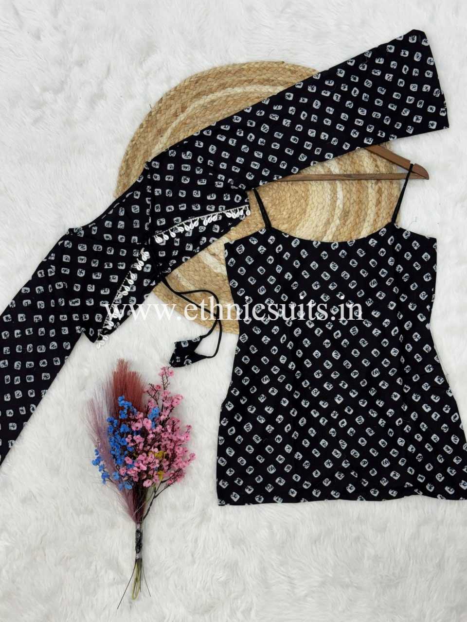 Black Bandhni Printed Short Kurta with Blouse and Bottom