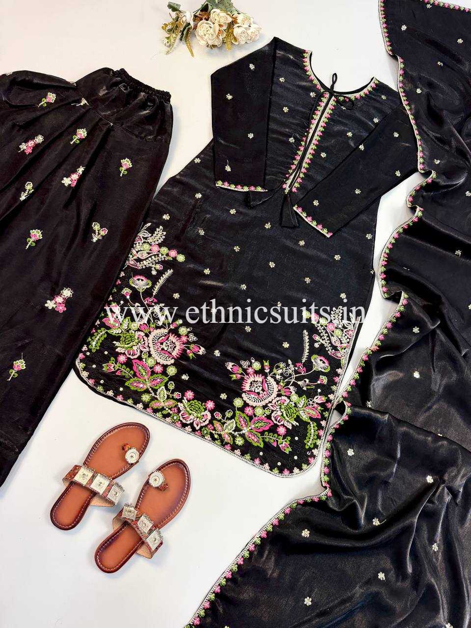 Black Farsi Salwar Suit With Multi Color Flower Embroidery