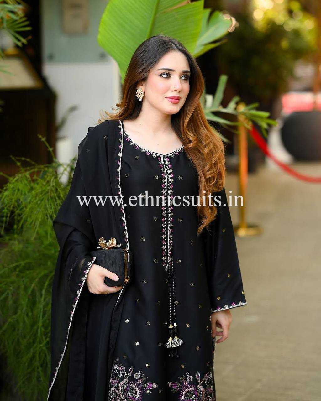 Black Farsi Salwar Suit With Multi Color Flower Embroidery