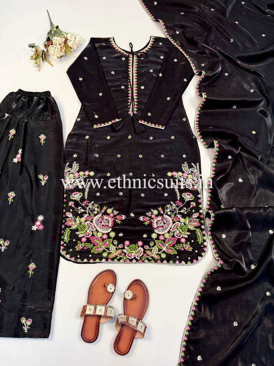 Black Farsi Salwar Suit With Multi Color Flower Embroidery