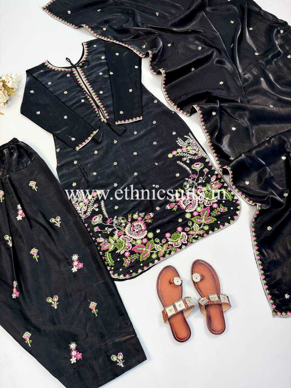 Black Farsi Salwar Suit With Multi Color Flower Embroidery