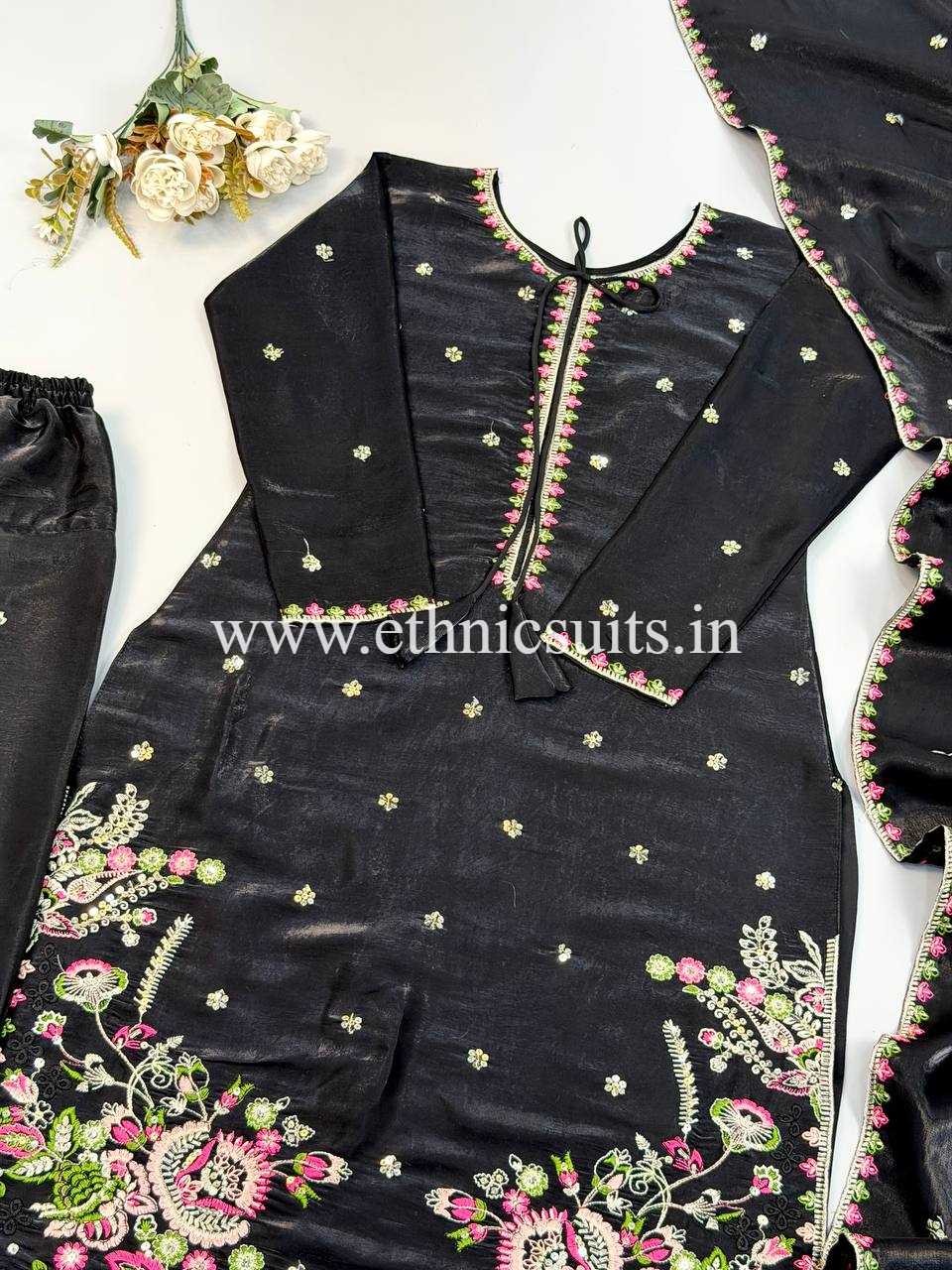Black Farsi Salwar Suit With Multi Color Flower Embroidery