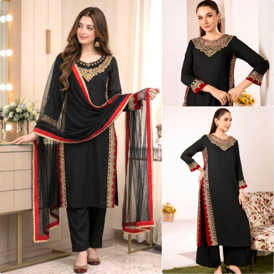 Black Straight Pakistani Suit with Side Embroidery