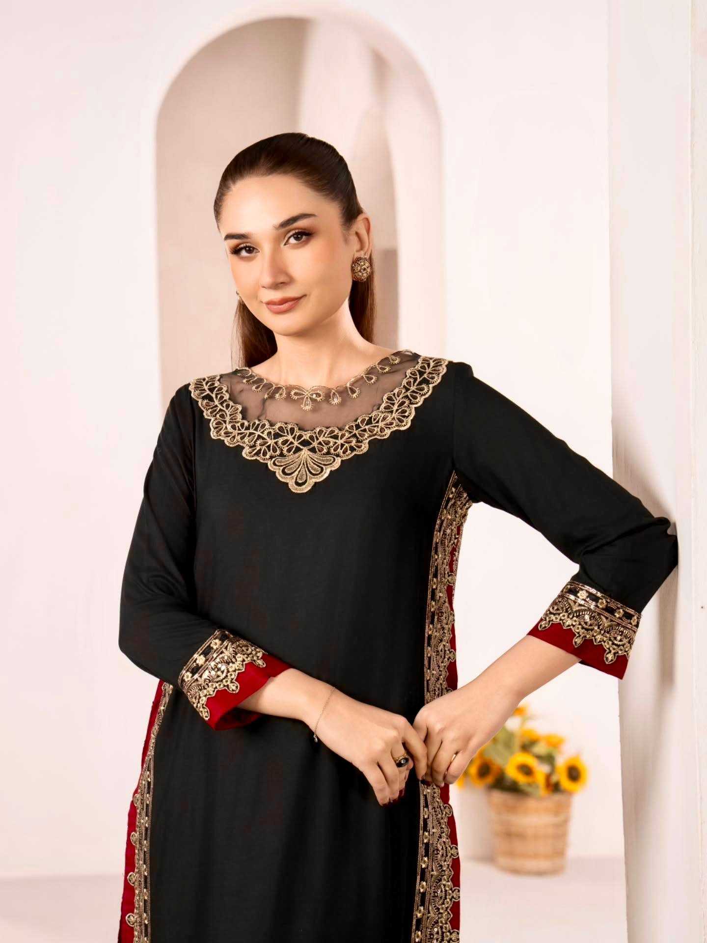 Black Straight Pakistani Suit with Side Embroidery