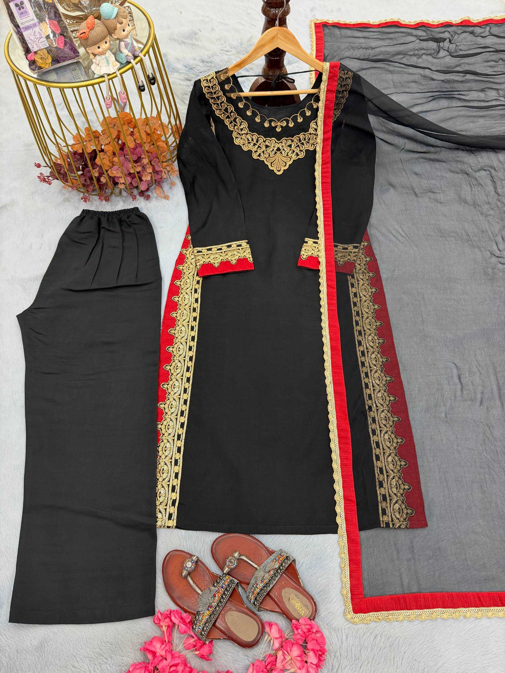 Black Straight Pakistani Suit with Side Embroidery