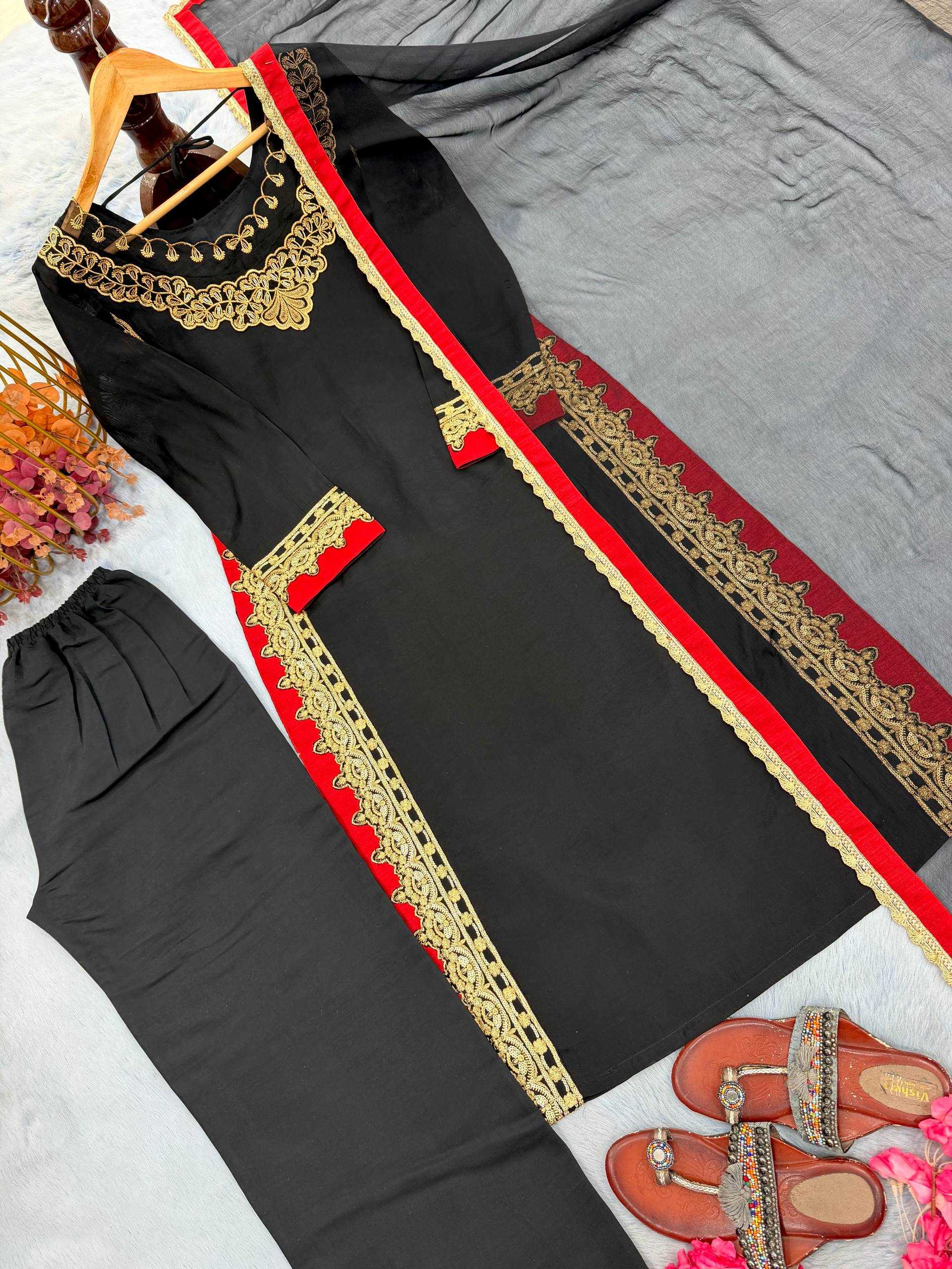 Black Straight Pakistani Suit with Side Embroidery