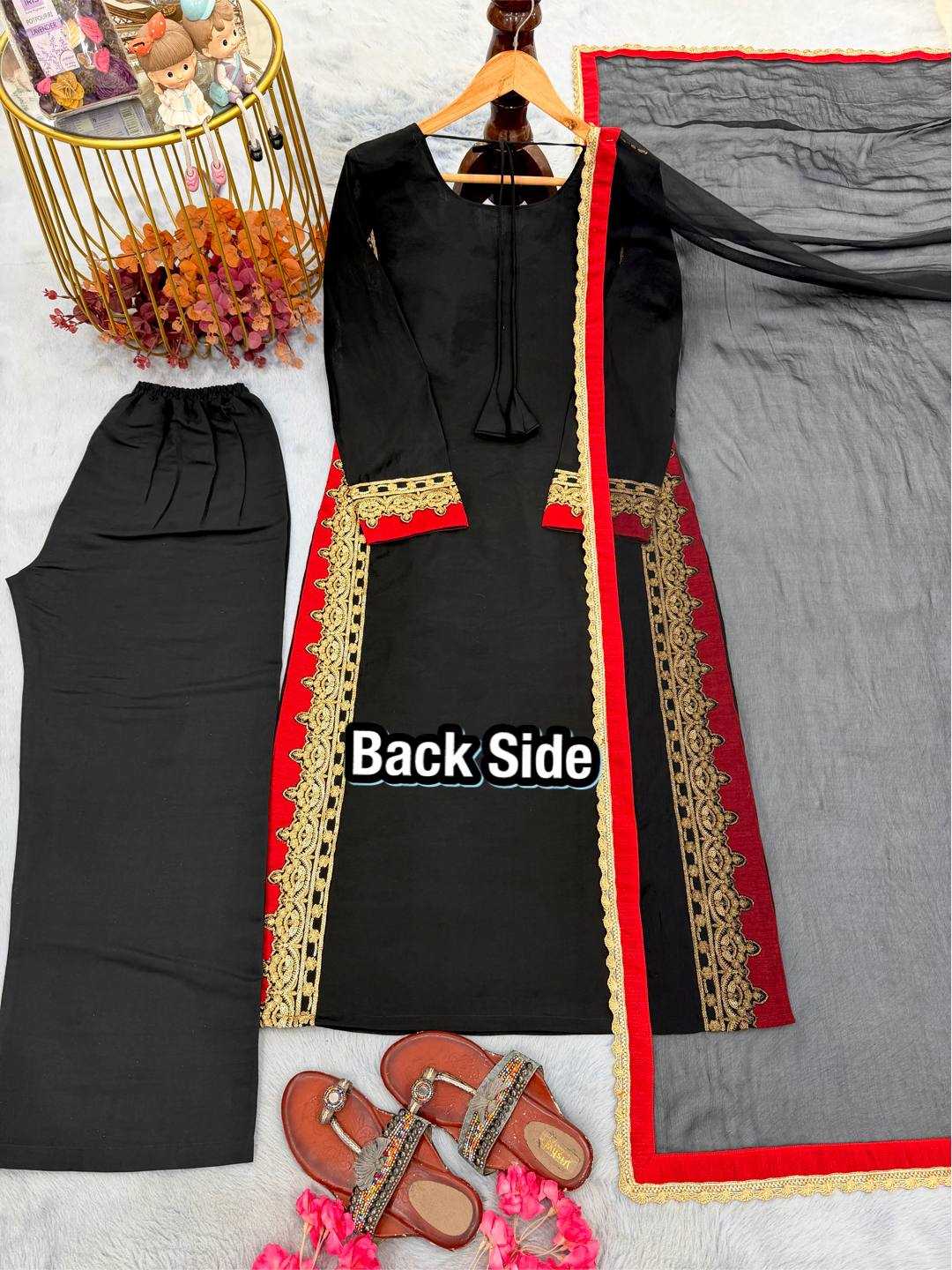 Black Straight Pakistani Suit with Side Embroidery