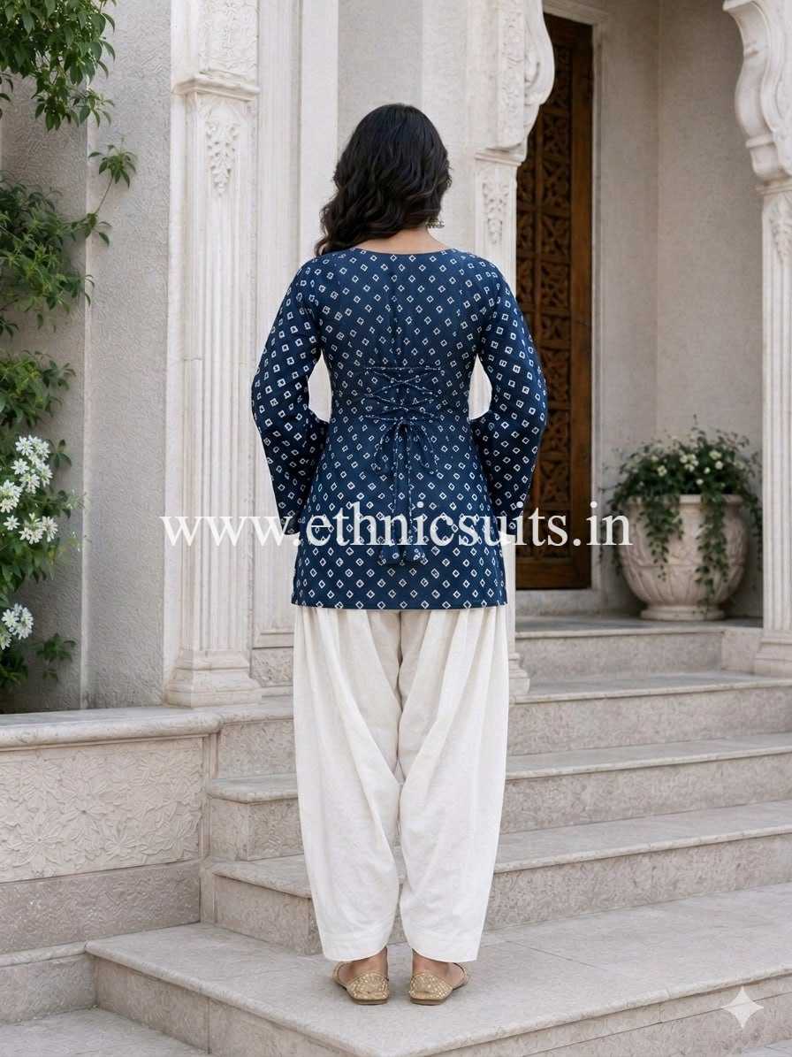 Blue Cotton Printed Boat Neck kurta with Bottom