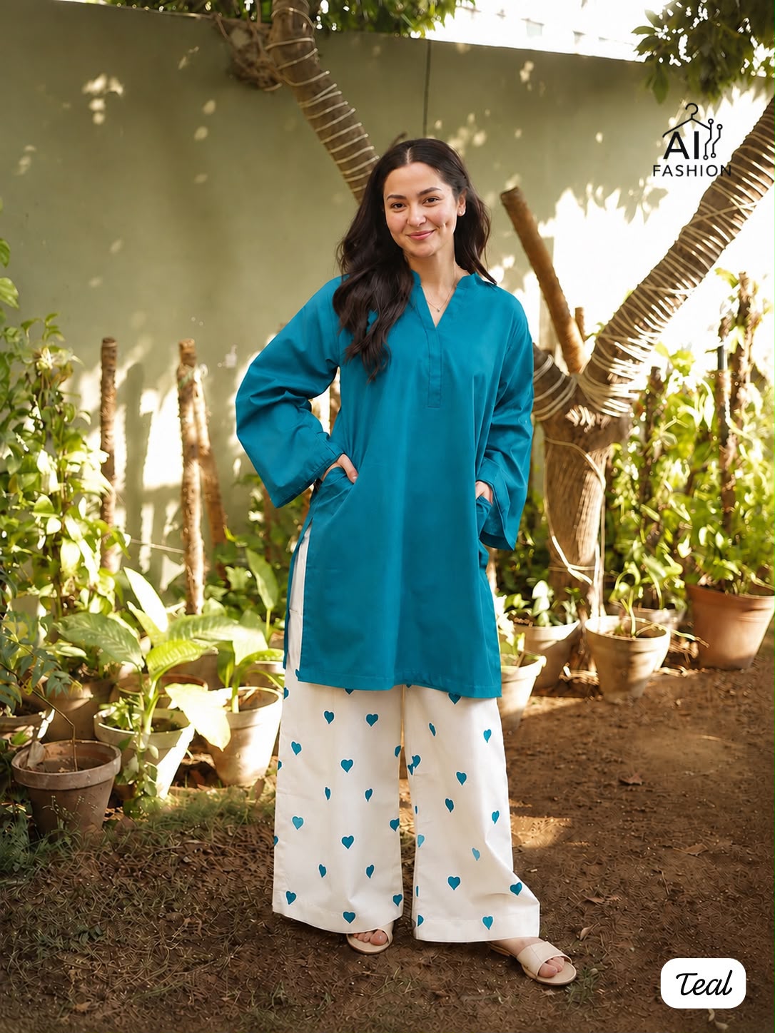 Blue Hania Amir Inspired Heart Embroidery Plazzo with Kurti