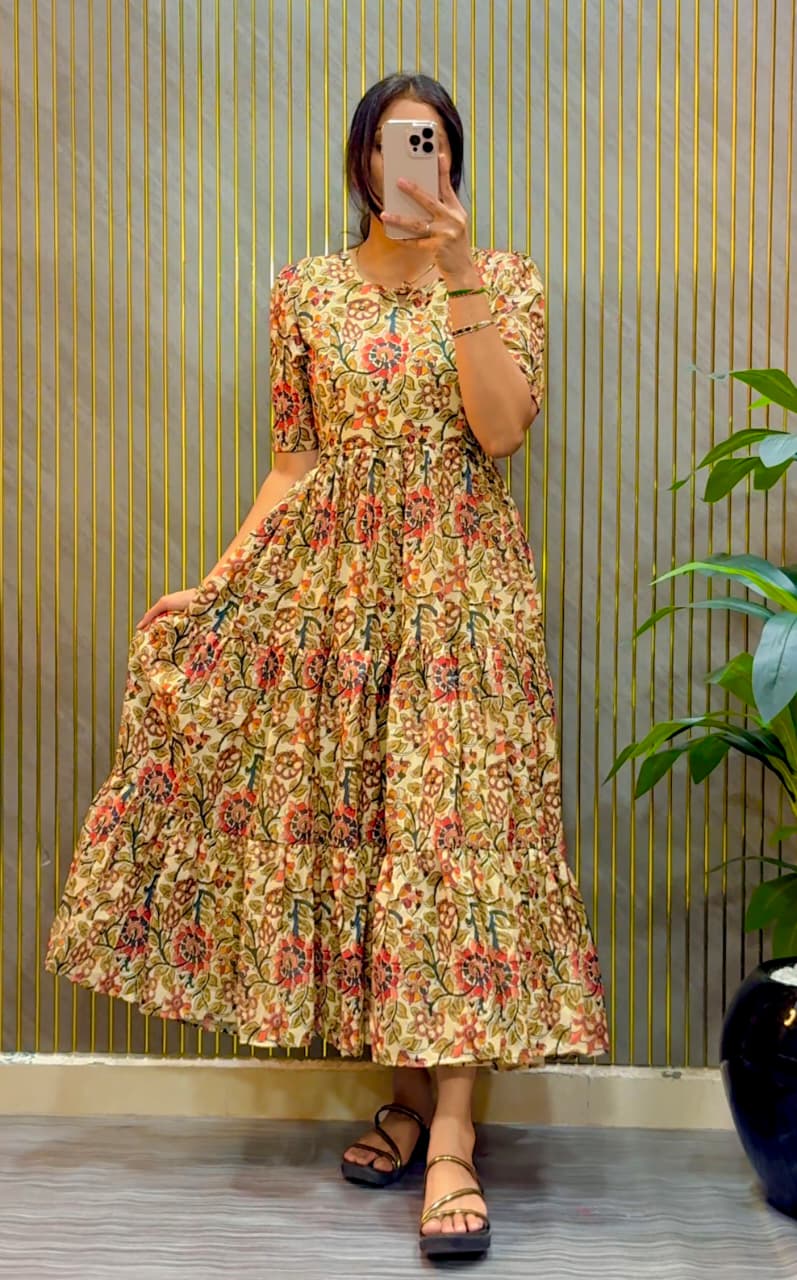 Creme Color Kalamkari Printed Midi Dress With Mobile Pocket
