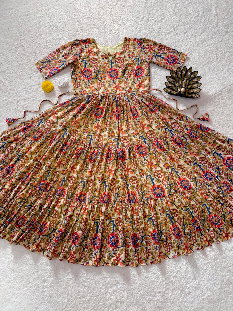 Creme Color Kalamkari Printed Midi Dress With Mobile Pocket