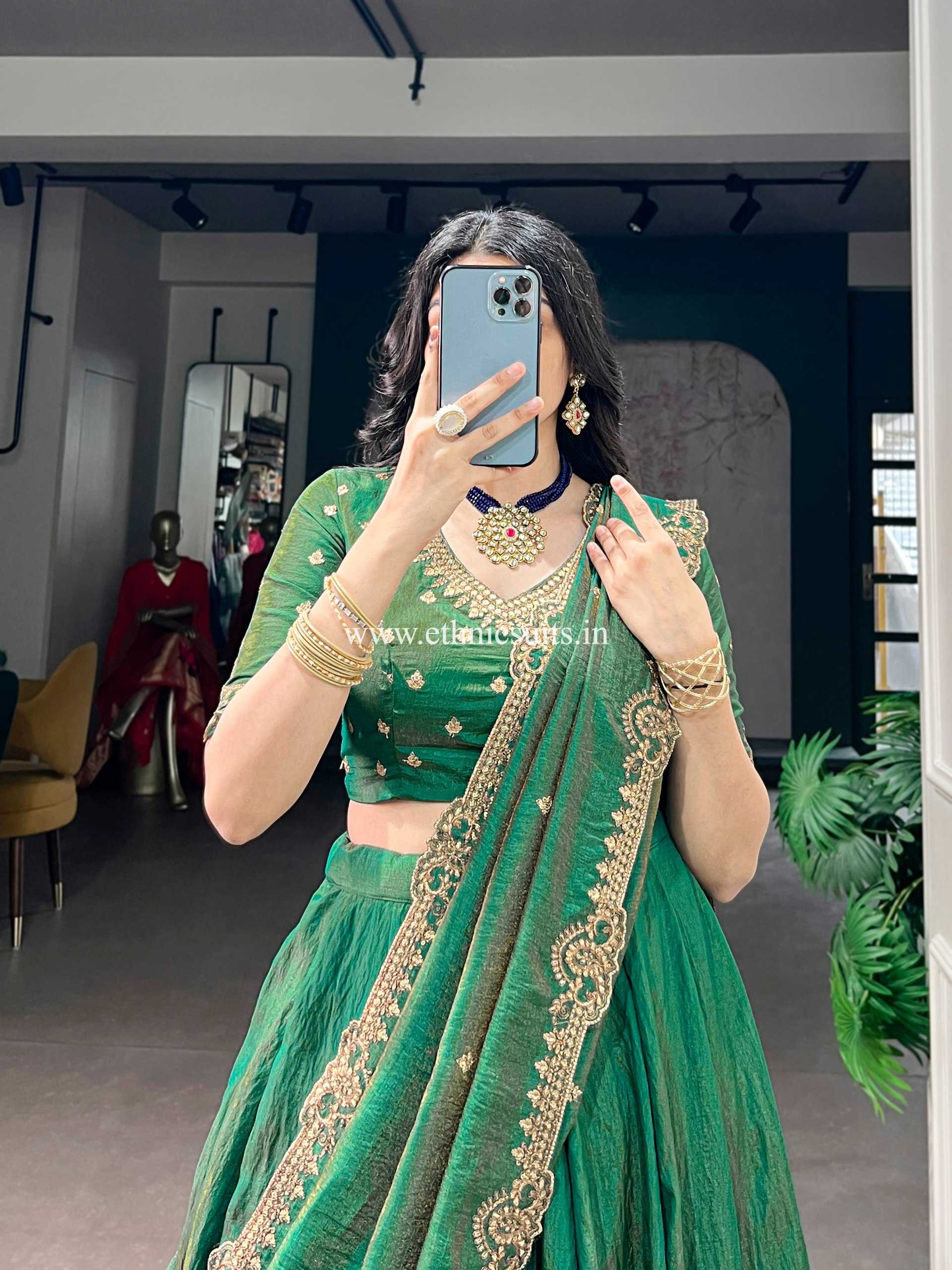 Embellished Green Plain Lehenga Choli for Wedding