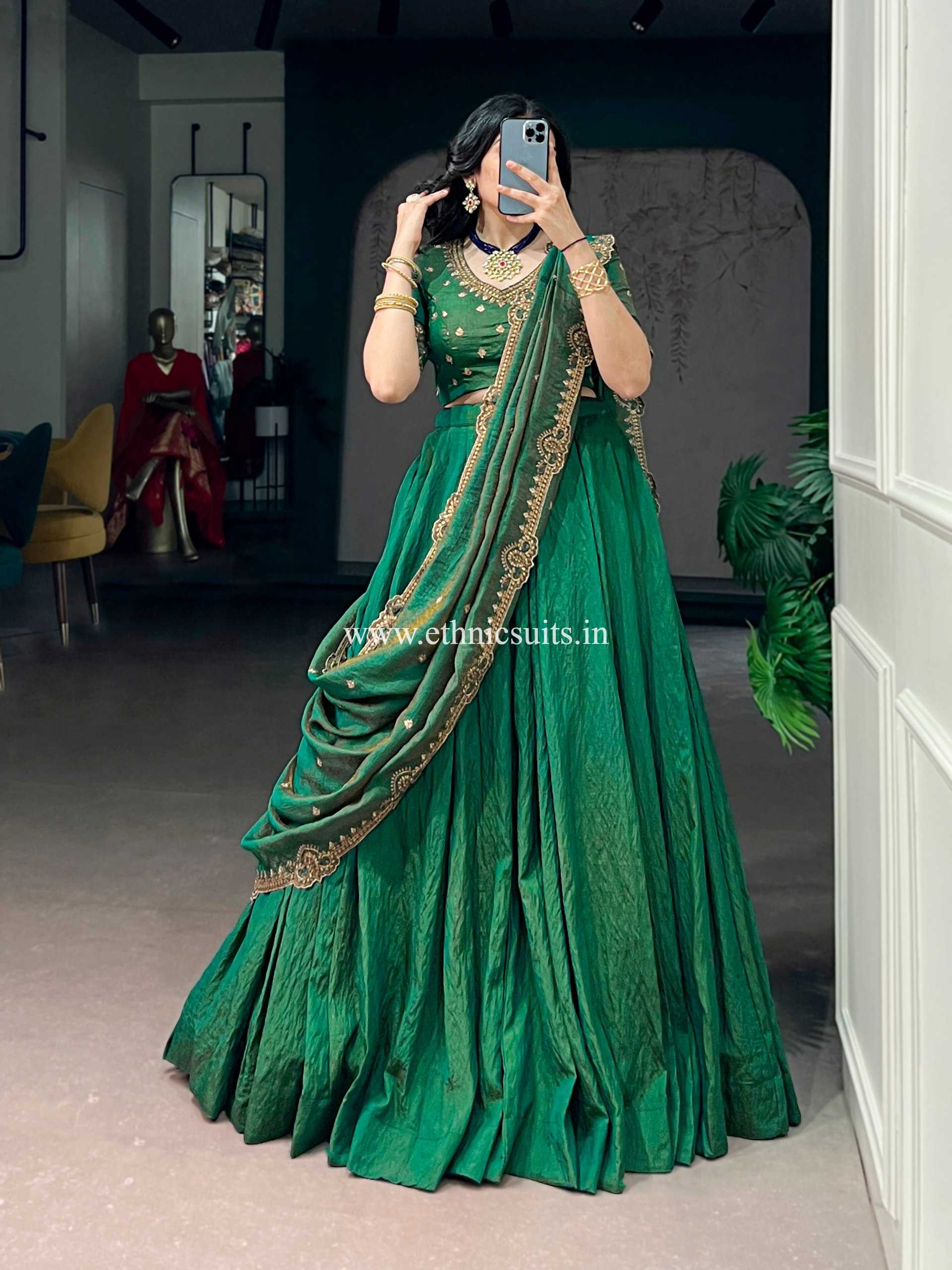 Embellished Green Plain Lehenga Choli for Wedding