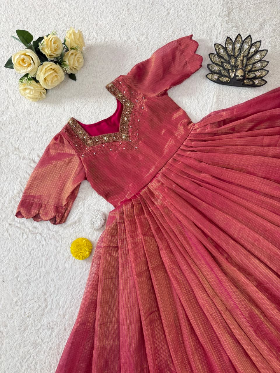 Eye catching Maggam Hand Work Gown Pink