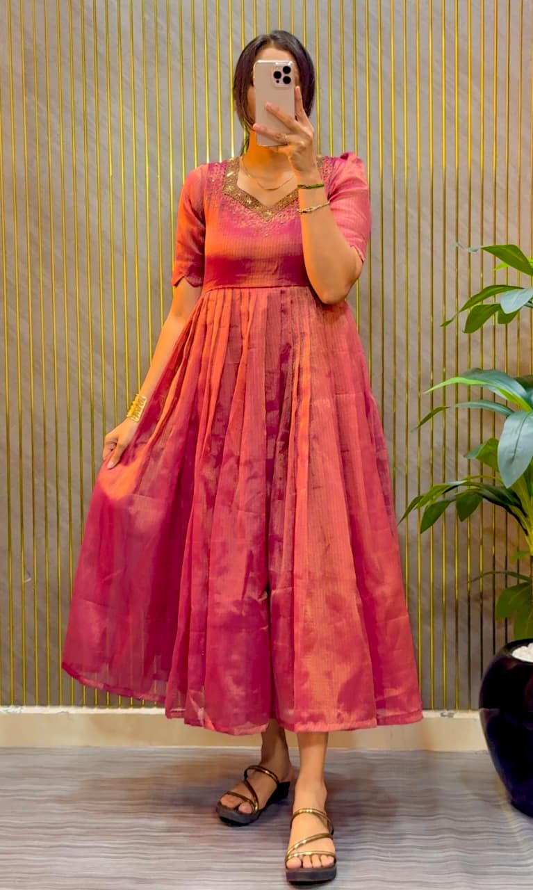 Eye catching Maggam Hand Work Gown Pink