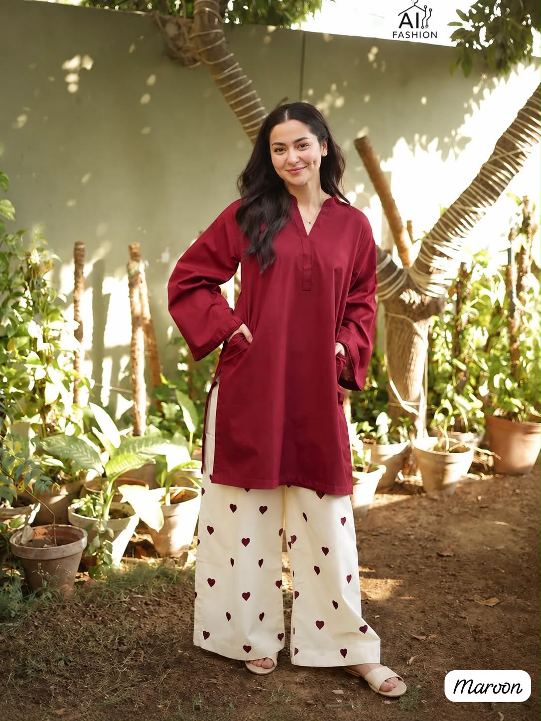 Marron Hania Amir Inspired Heart Embroidery Plazzo with Kurti