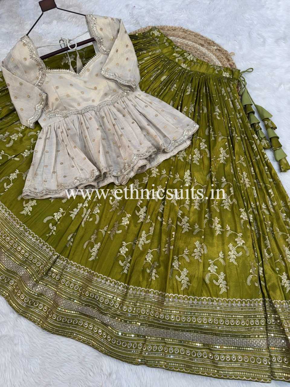 Mehendi Color Viscose Jacquard Lehenga with Long Blouse