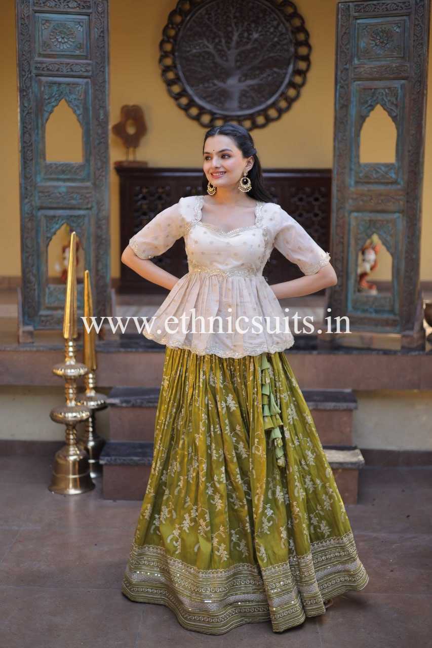 Mehendi Color Viscose Jacquard Lehenga with Long Blouse