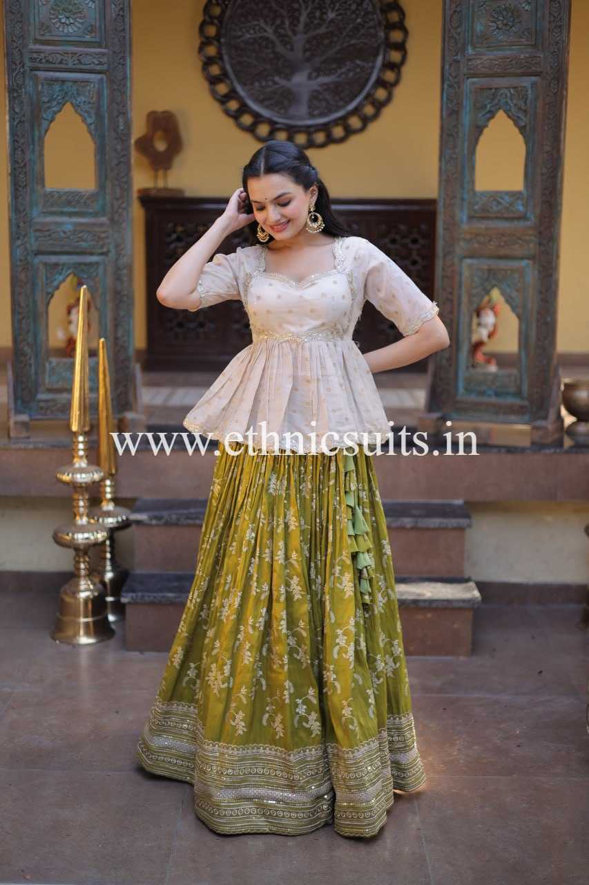 Mehendi Color Viscose Jacquard Lehenga with Long Blouse