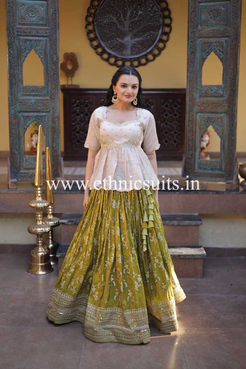 Mehendi Color Viscose Jacquard Lehenga with Long Blouse