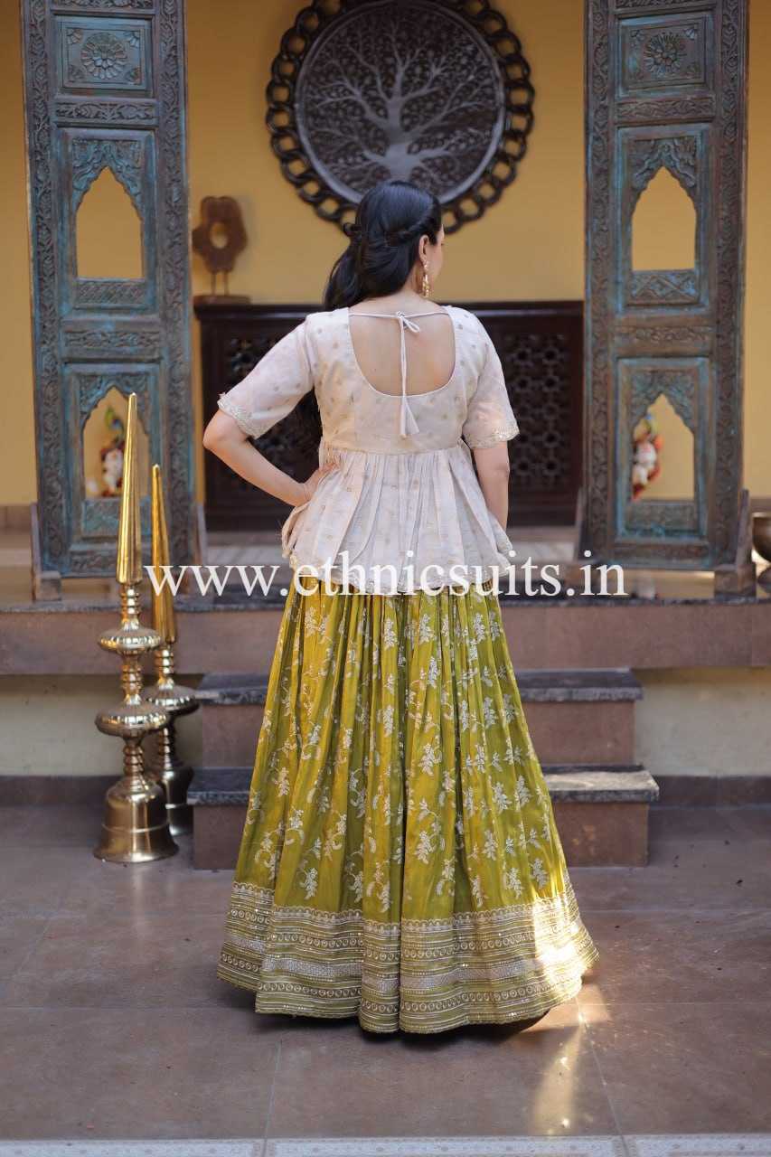 Mehendi Color Viscose Jacquard Lehenga with Long Blouse