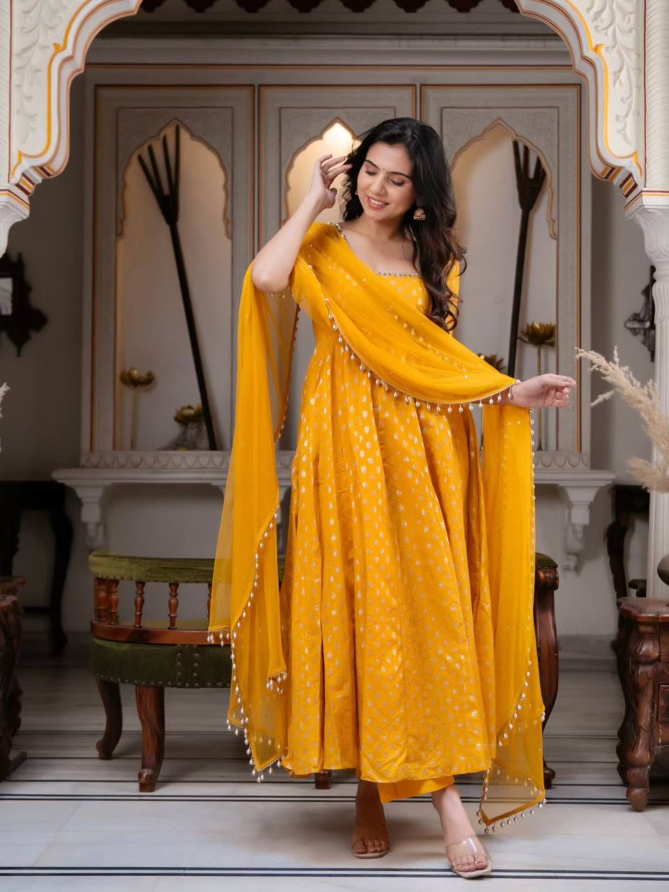 Mustard Yellow Jacquard Anarkali Gown