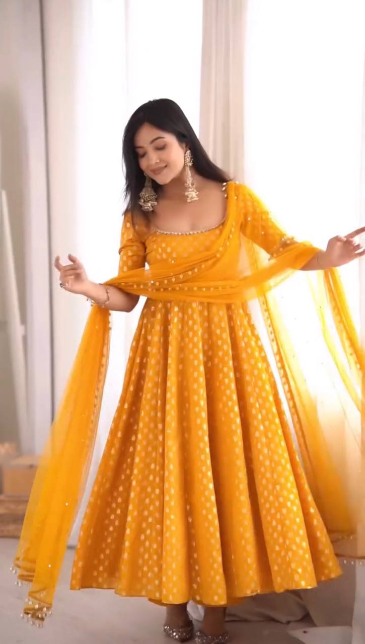 Mustard Yellow Jacquard Anarkali Gown