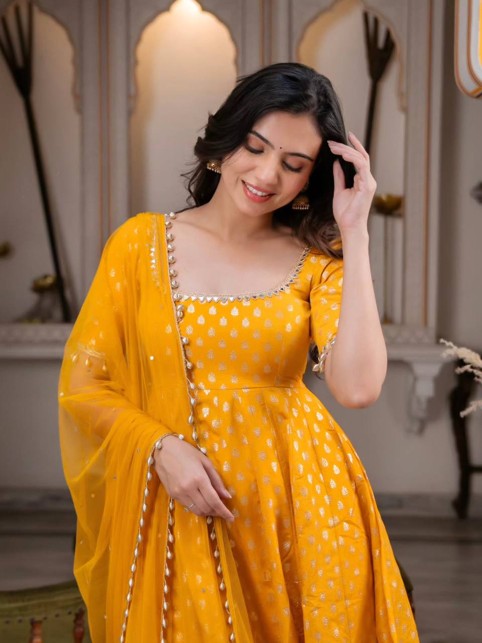 Mustard Yellow Jacquard Anarkali Gown