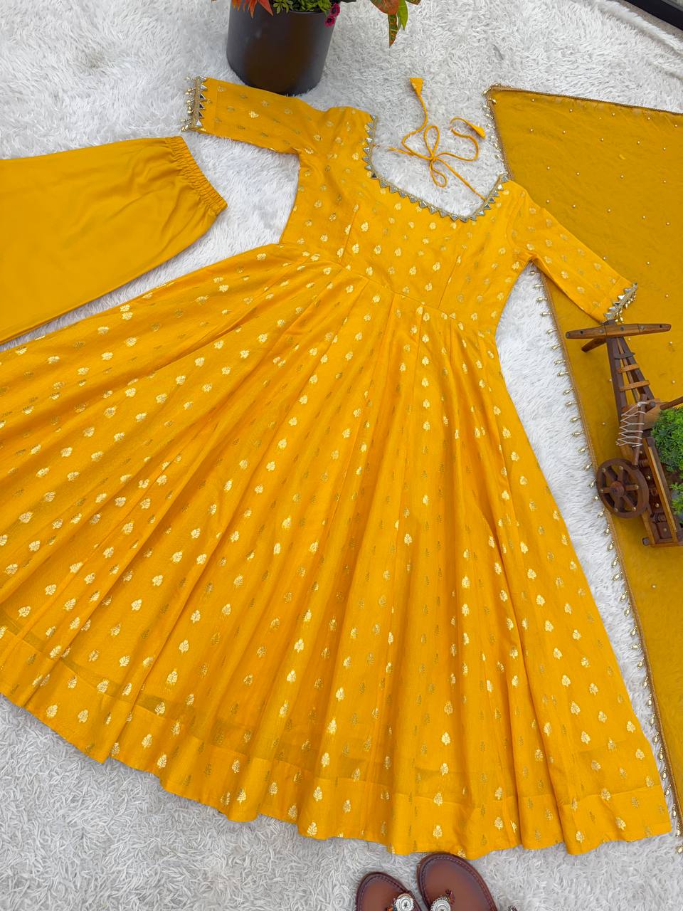 Mustard Yellow Jacquard Anarkali Gown