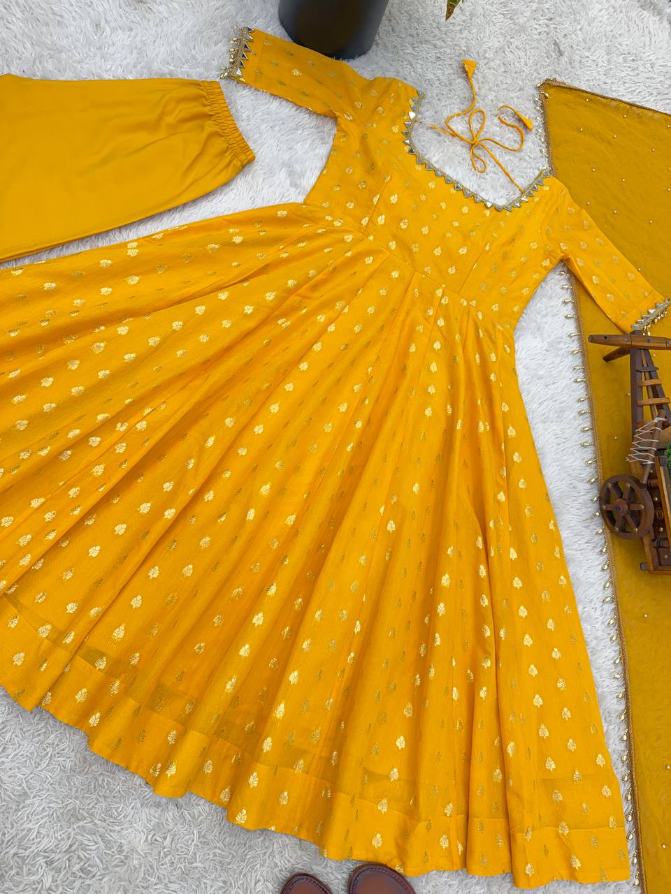 Mustard Yellow Jacquard Anarkali Gown