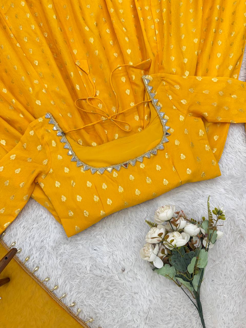 Mustard Yellow Jacquard Anarkali Gown