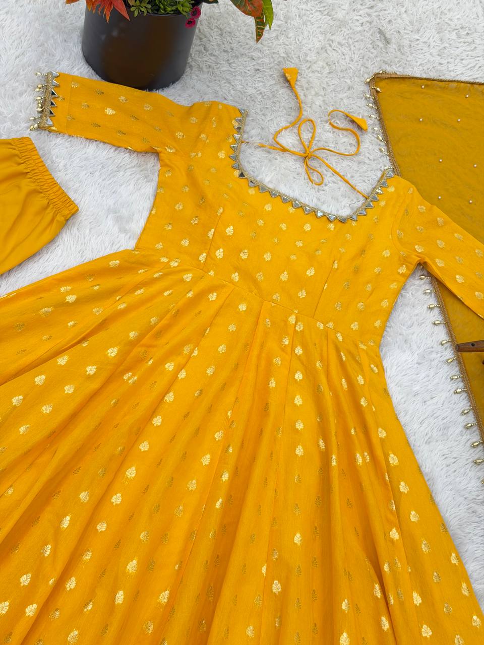 Mustard Yellow Jacquard Anarkali Gown