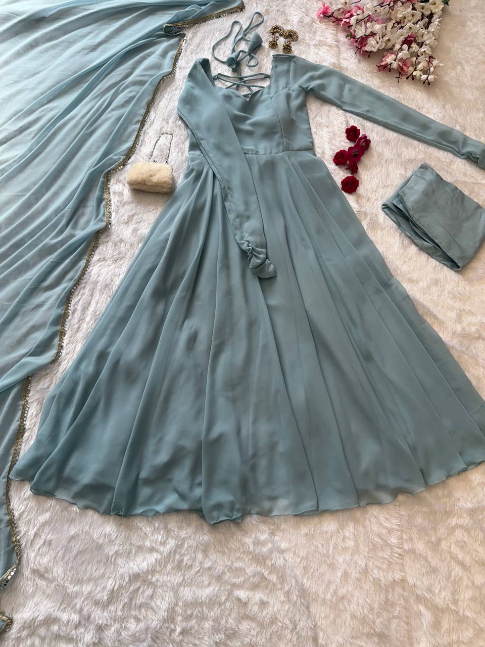 Party Wear Sea Green Color Georgette Gown