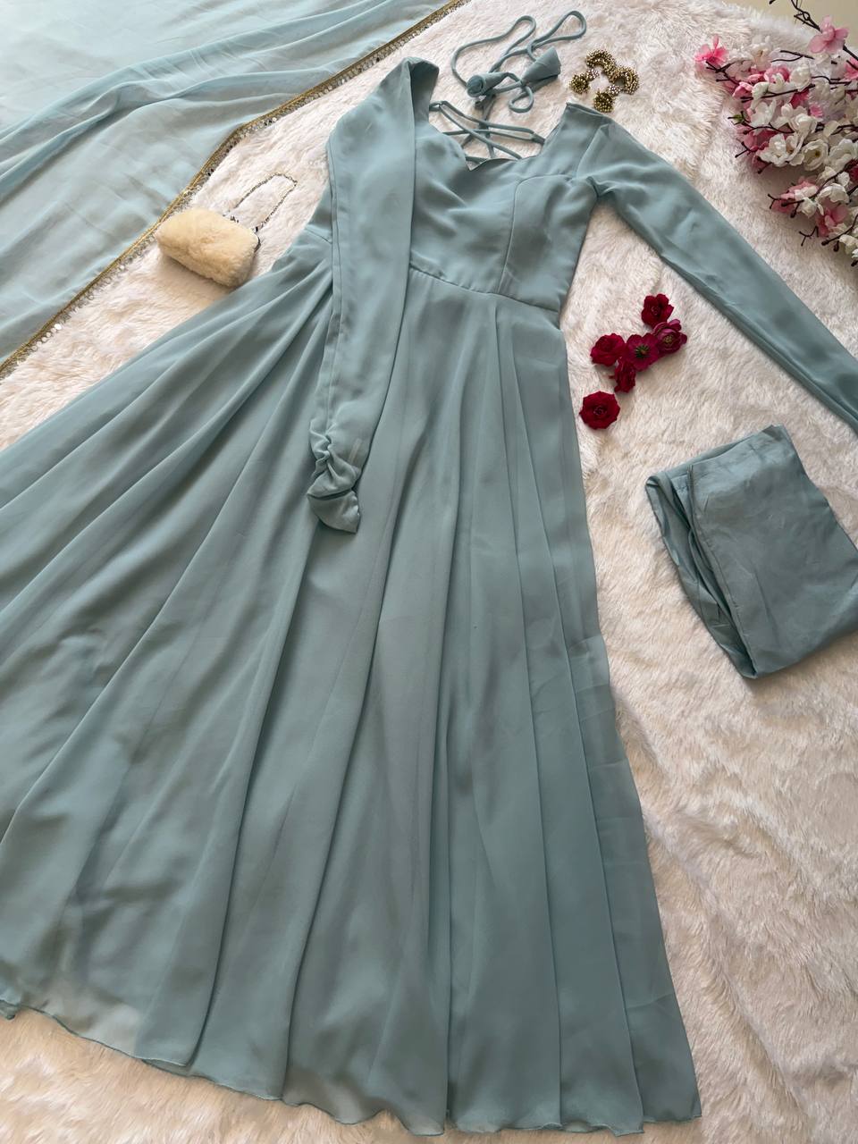 Party Wear Sea Green Color Georgette Gown
