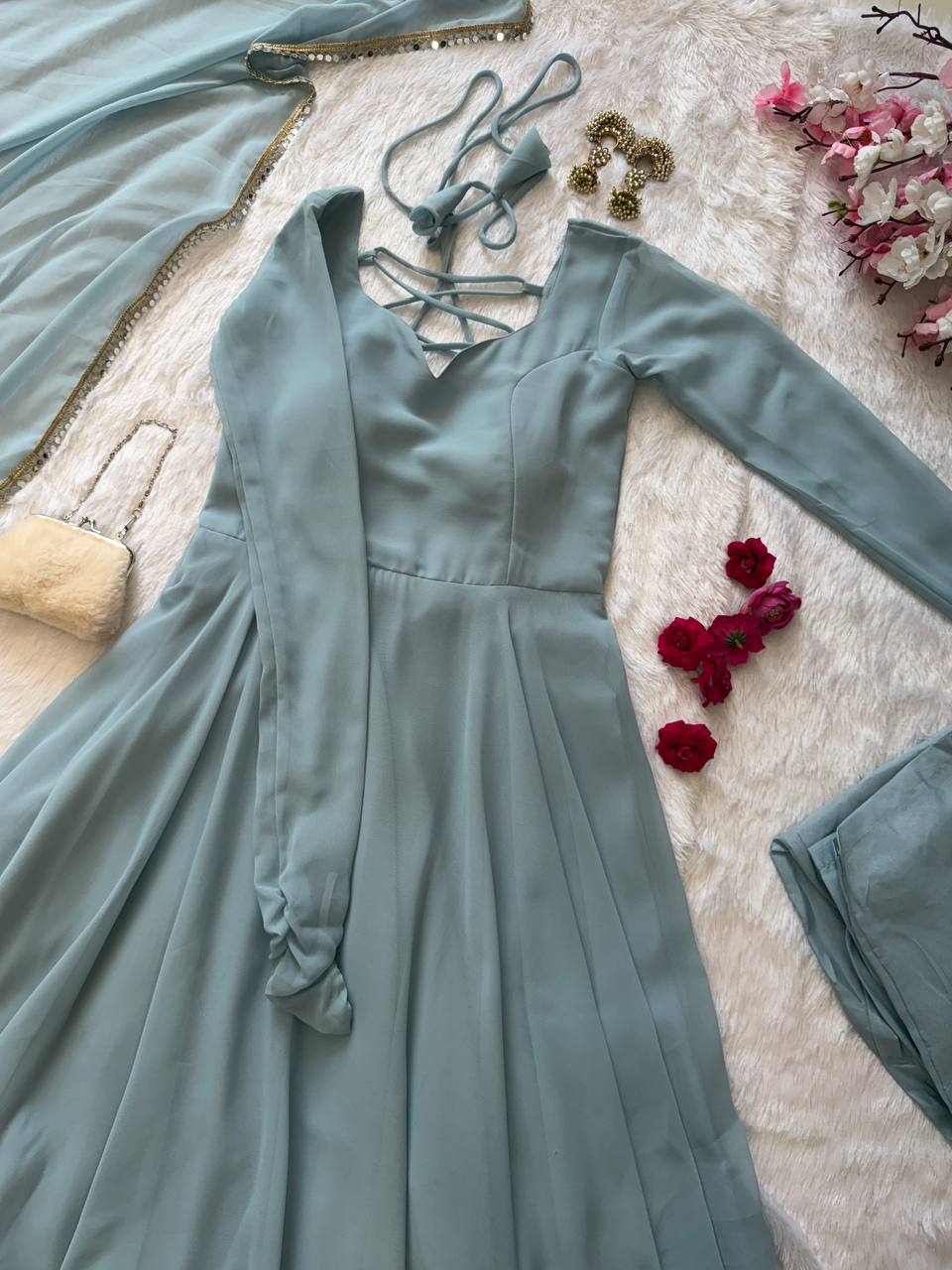 Party Wear Sea Green Color Georgette Gown