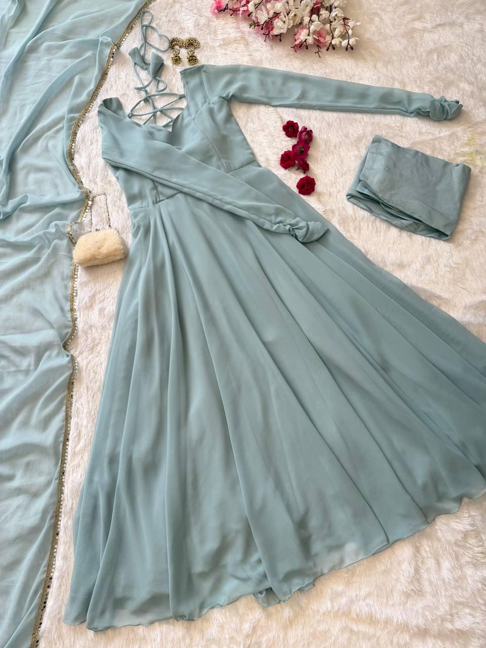 Party Wear Sea Green Color Georgette Gown