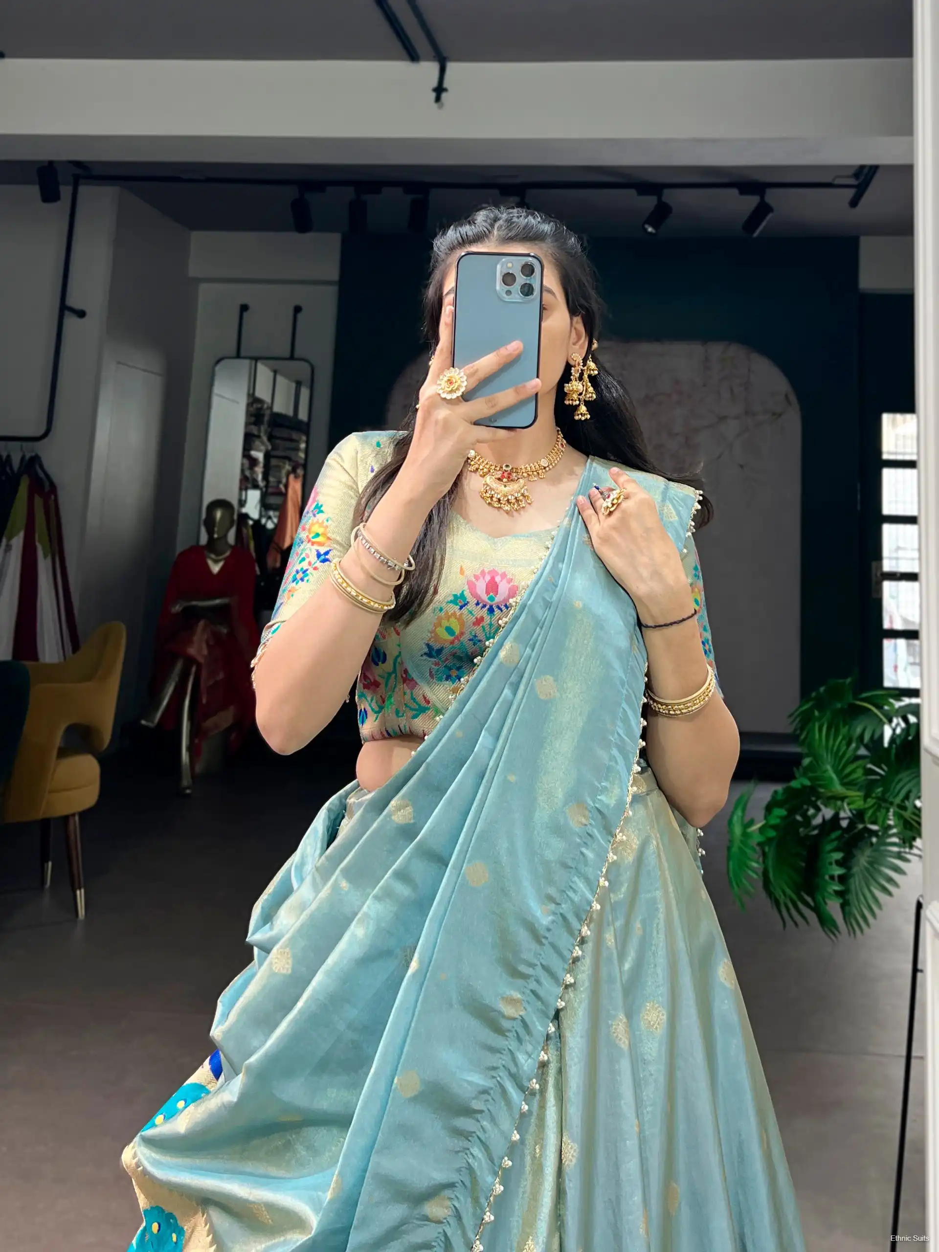 Pastel Blue Paithani Silk Wedding Wear Lehenga Blouse