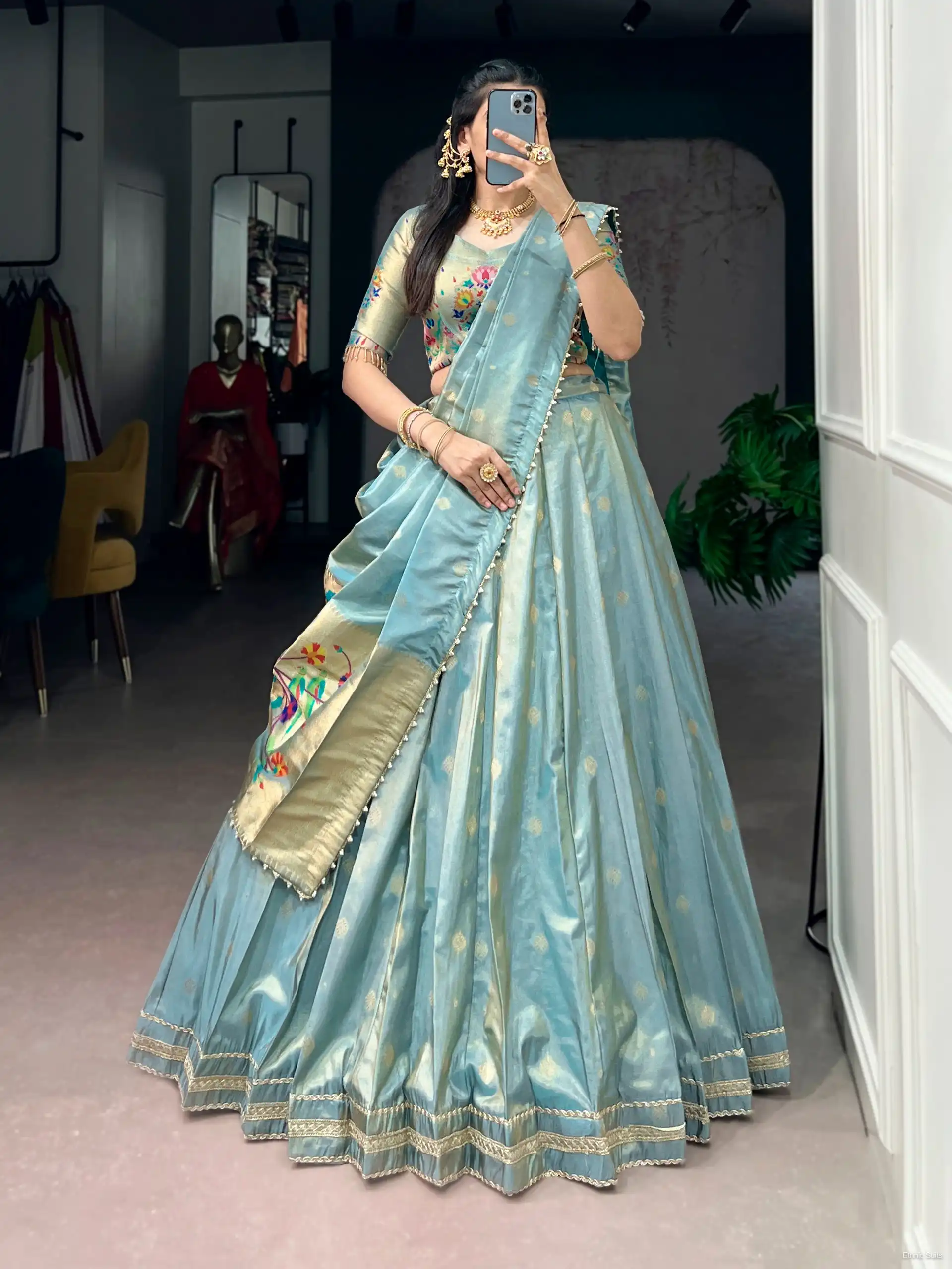 Pastel Blue Paithani Silk Wedding Wear Lehenga Blouse