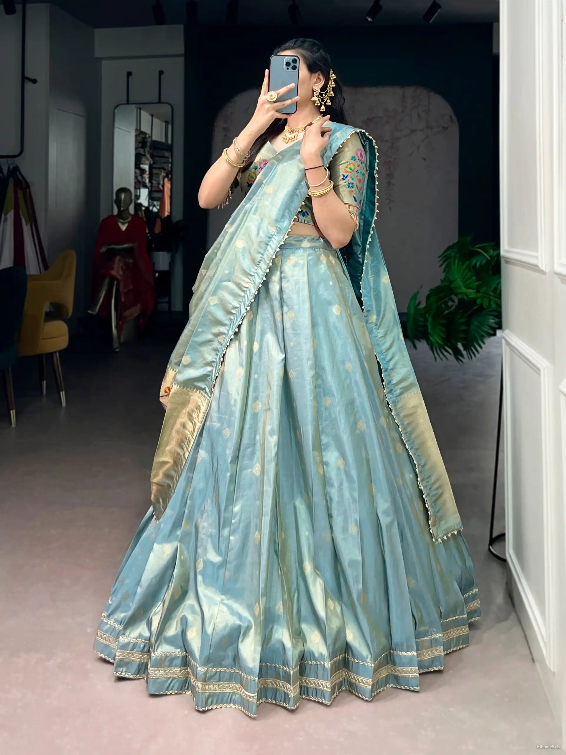 Pastel Blue Paithani Silk Wedding Wear Lehenga Blouse