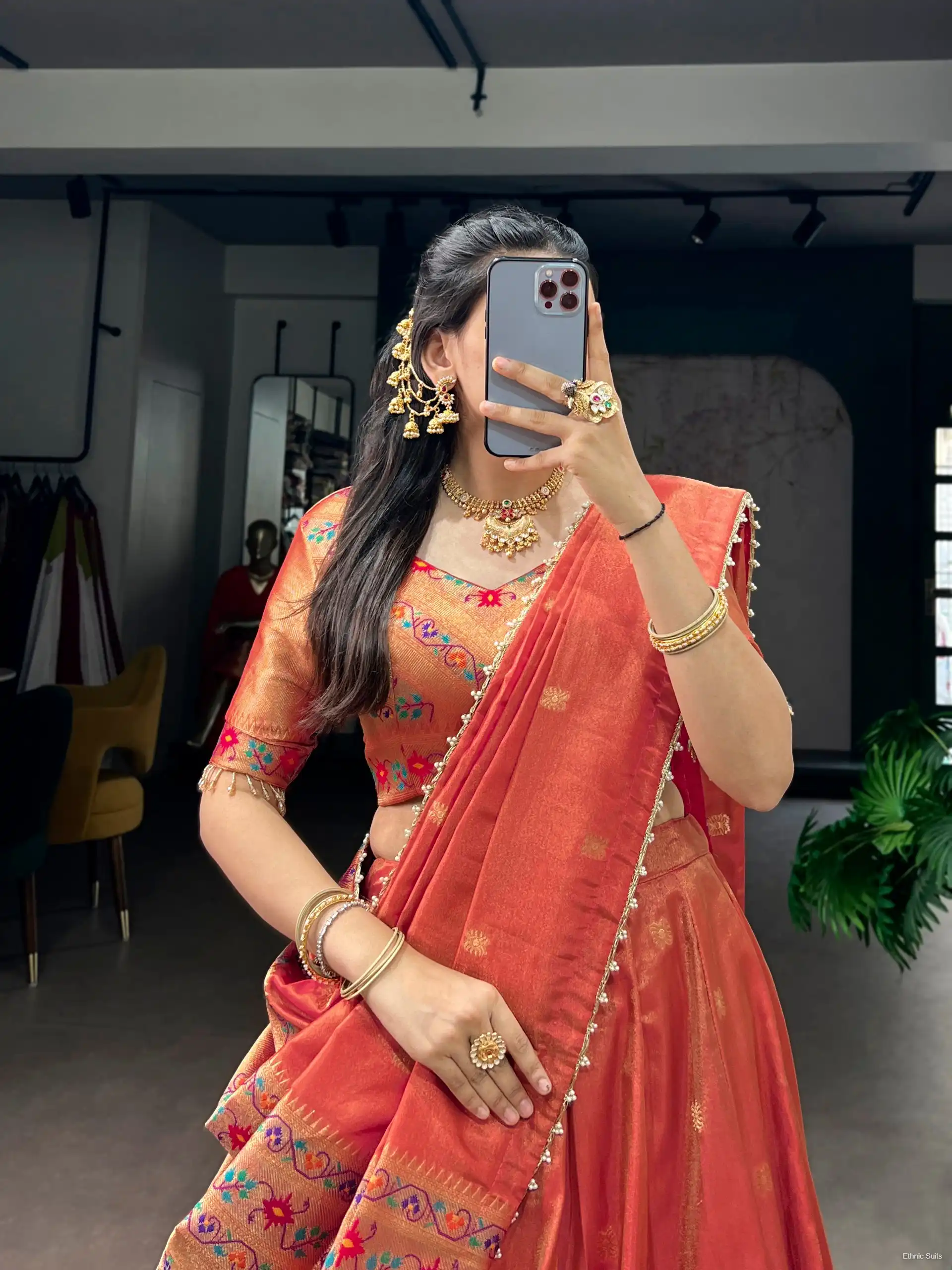 Pastel Orange Paithani Silk Wedding Wear Lehenga Blouse