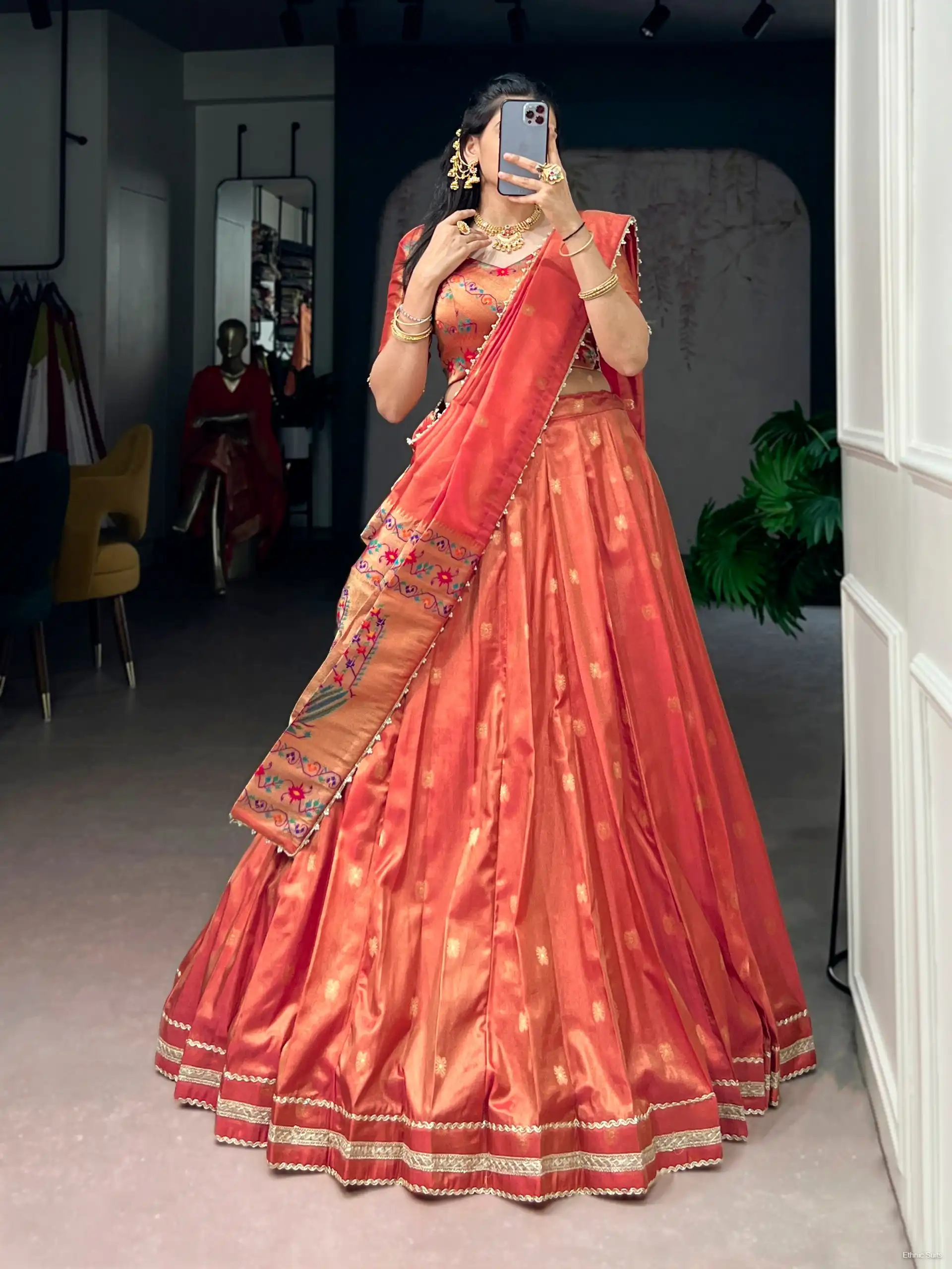 Pastel Orange Paithani Silk Wedding Wear Lehenga Blouse