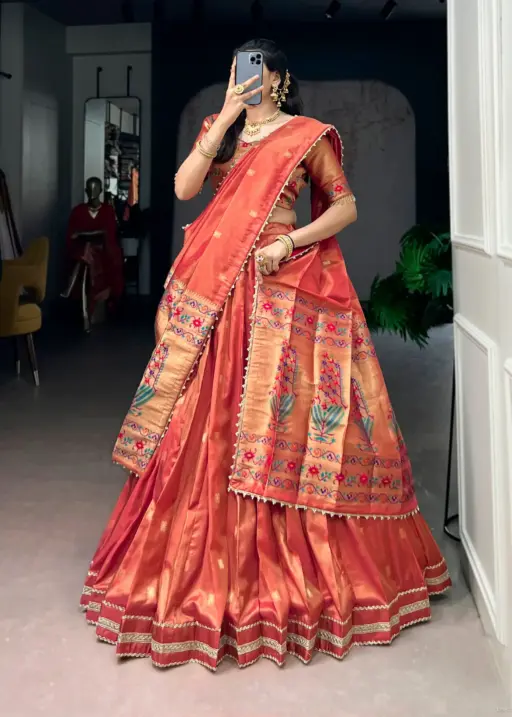 Pastel Orange Paithani Silk Wedding Wear Lehenga Blouse