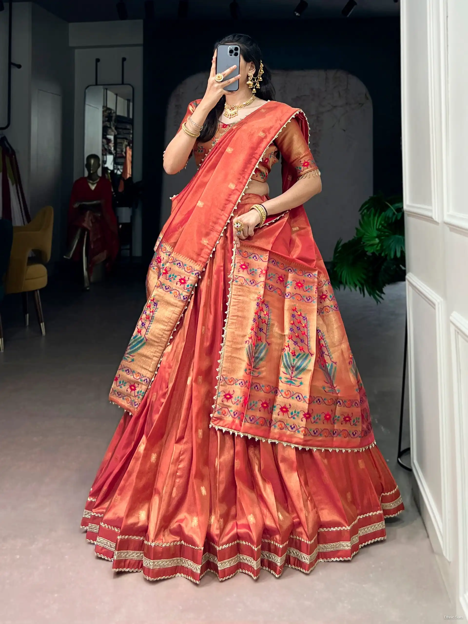 Pastel Orange Paithani Silk Wedding Wear Lehenga Blouse