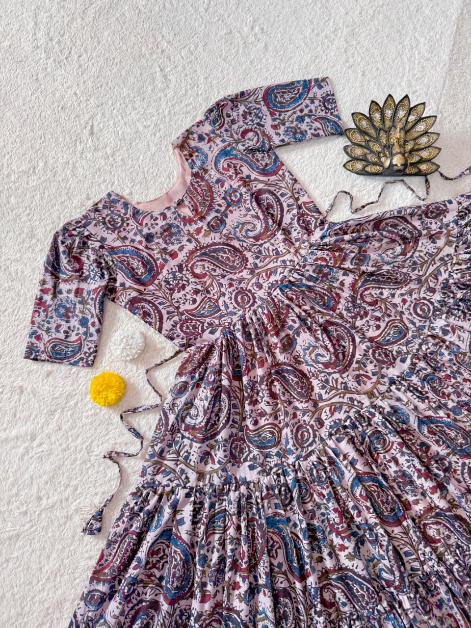 Purple Color Kalamkari Printed Midi Dress With Mobile Pocket