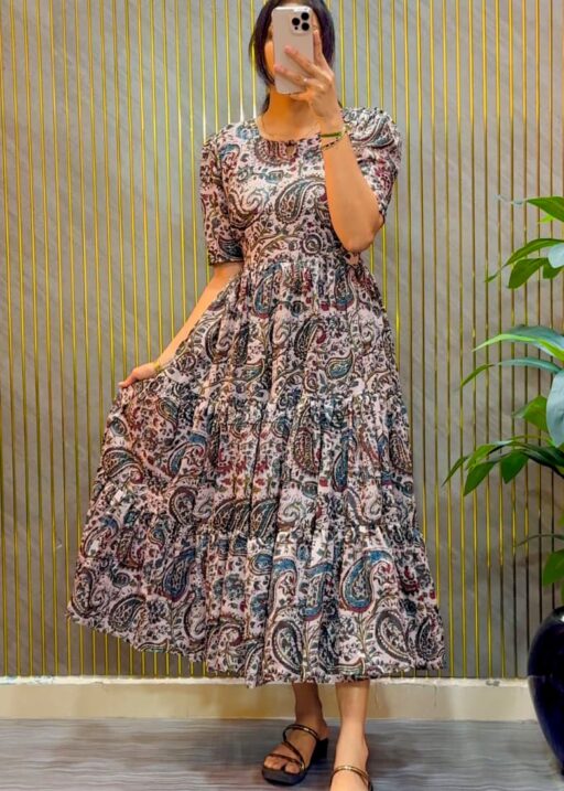 Purple Color Kalamkari Printed Midi Dress With Mobile Pocket