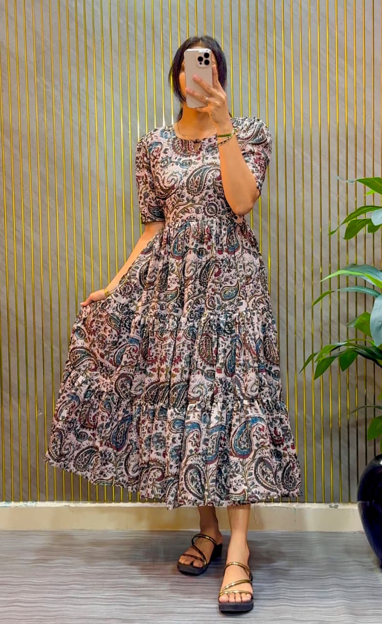 Purple Color Kalamkari Printed Midi Dress With Mobile Pocket