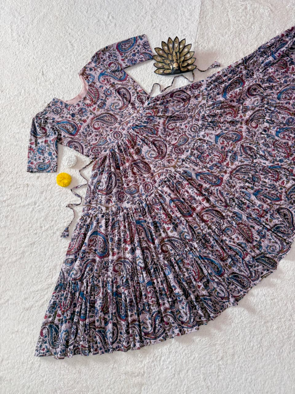 Purple Color Kalamkari Printed Midi Dress With Mobile Pocket